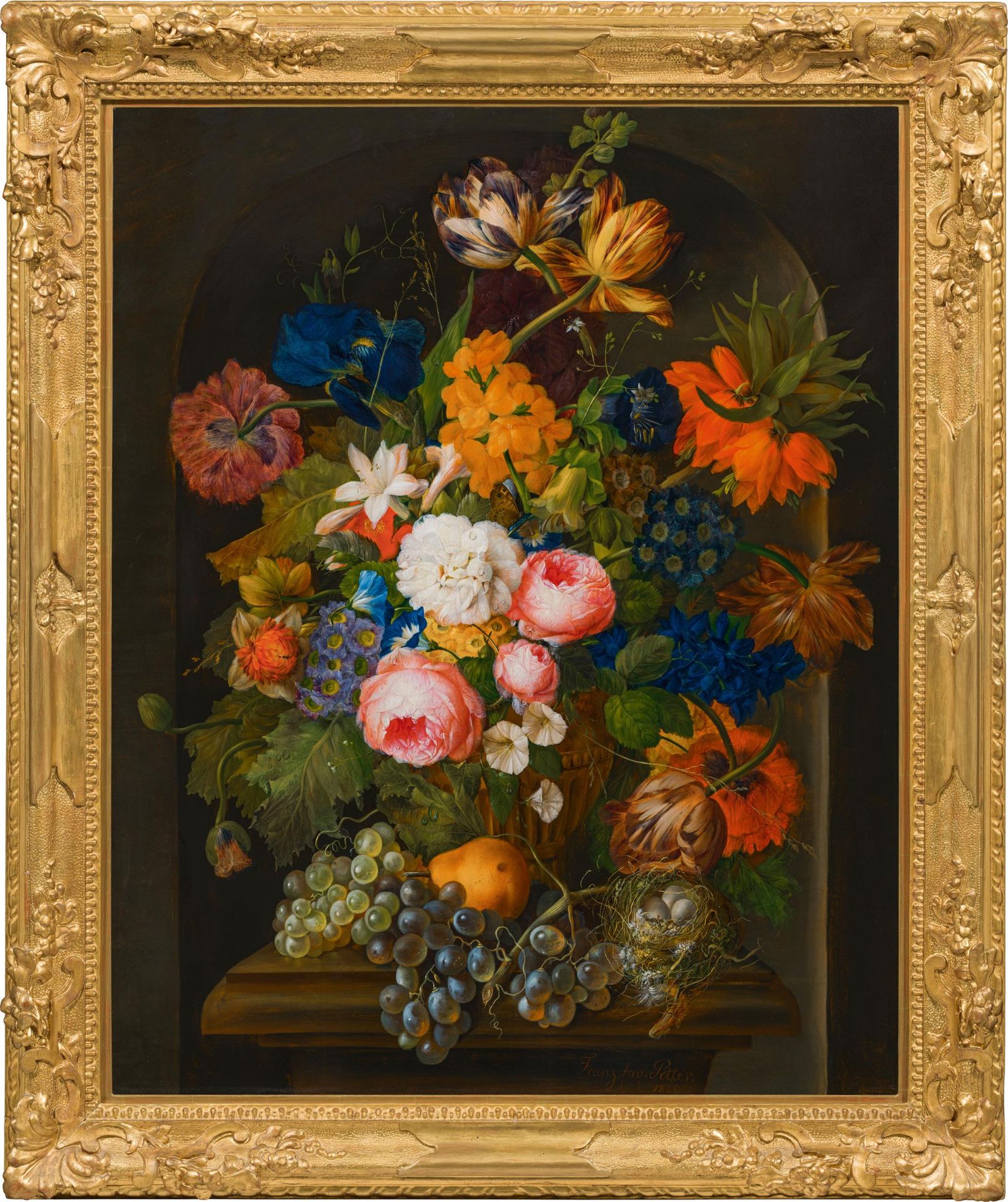Franz Xaver Petter: Floral still life with fruits and bird's nest - Image 2 of 2