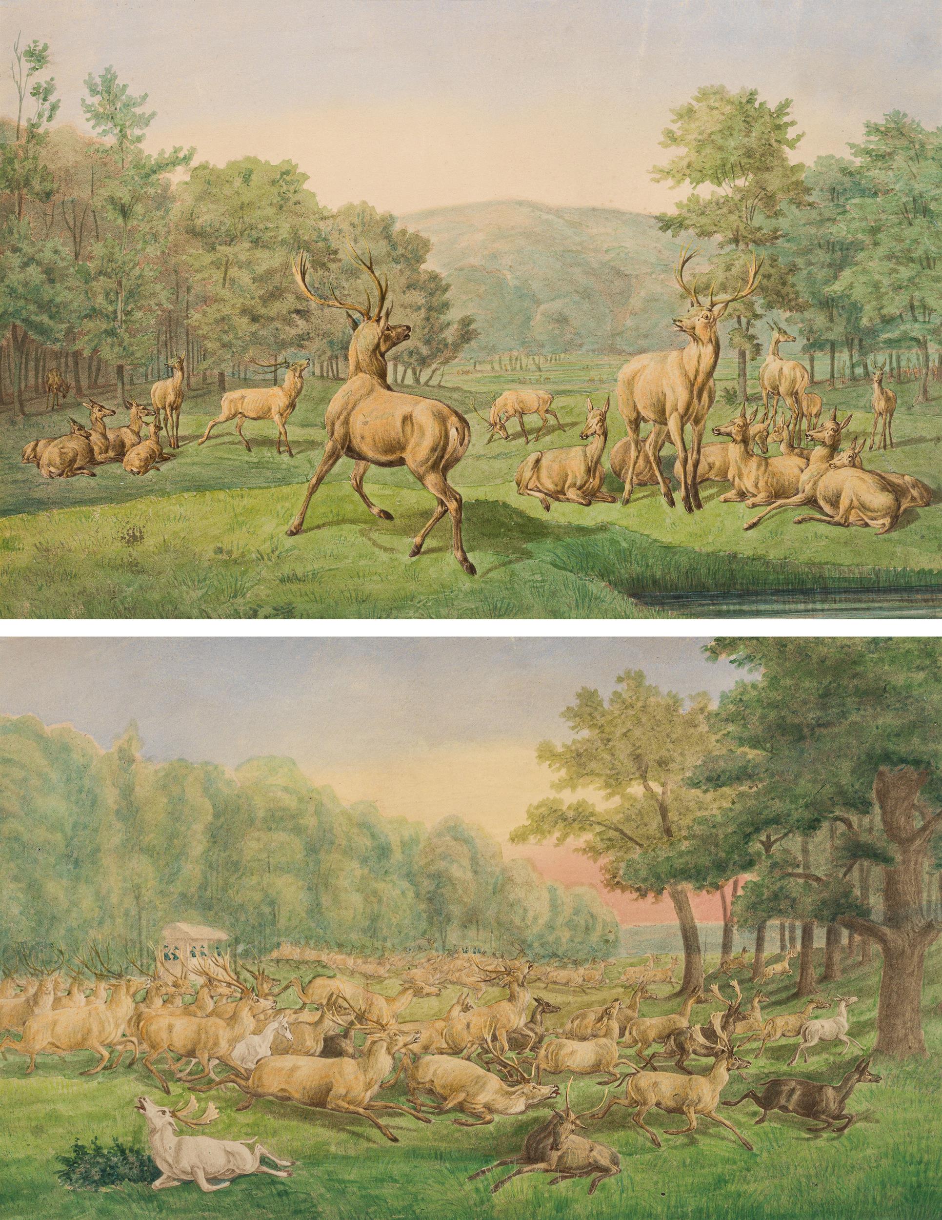 J. E. Gottlieb Prestel: counterparts: A battue, a pack of deer in a clearing