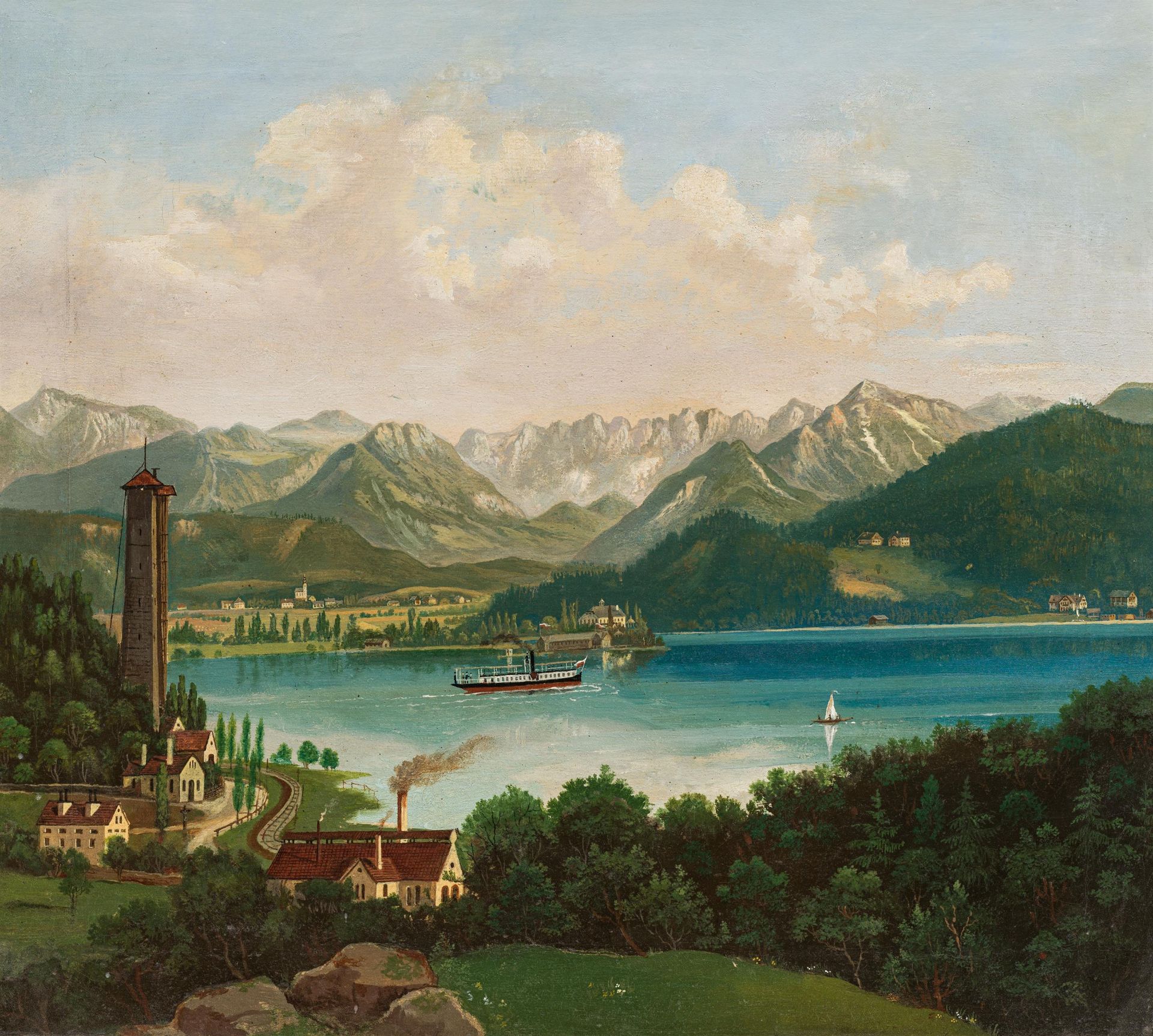 Artist of the 19th century: View of Lake Wörthersee with the Schrottenturm