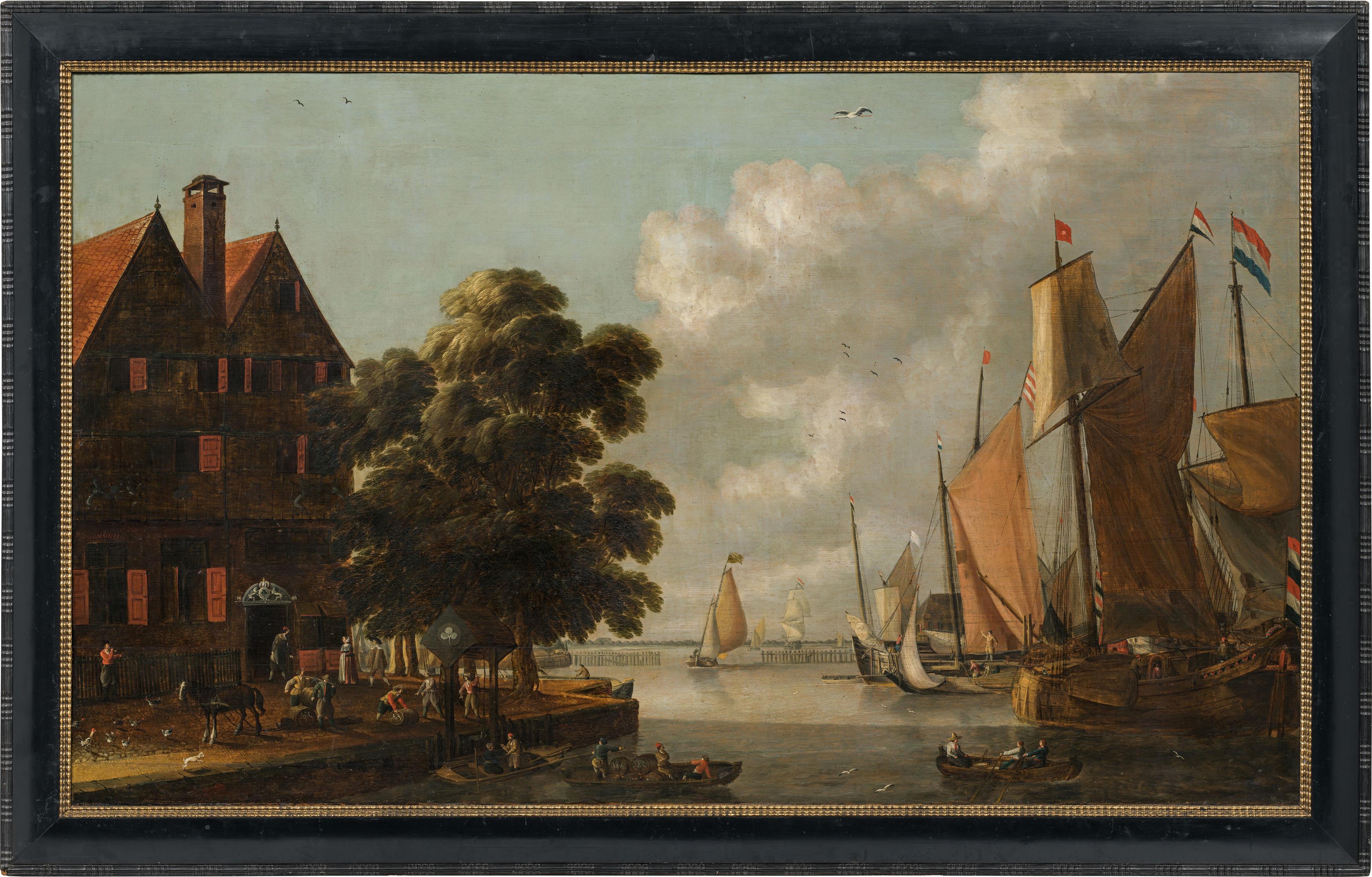 Gillis Peeters der Ältere: Harbour scene with brewery and sailing boats - Image 2 of 2
