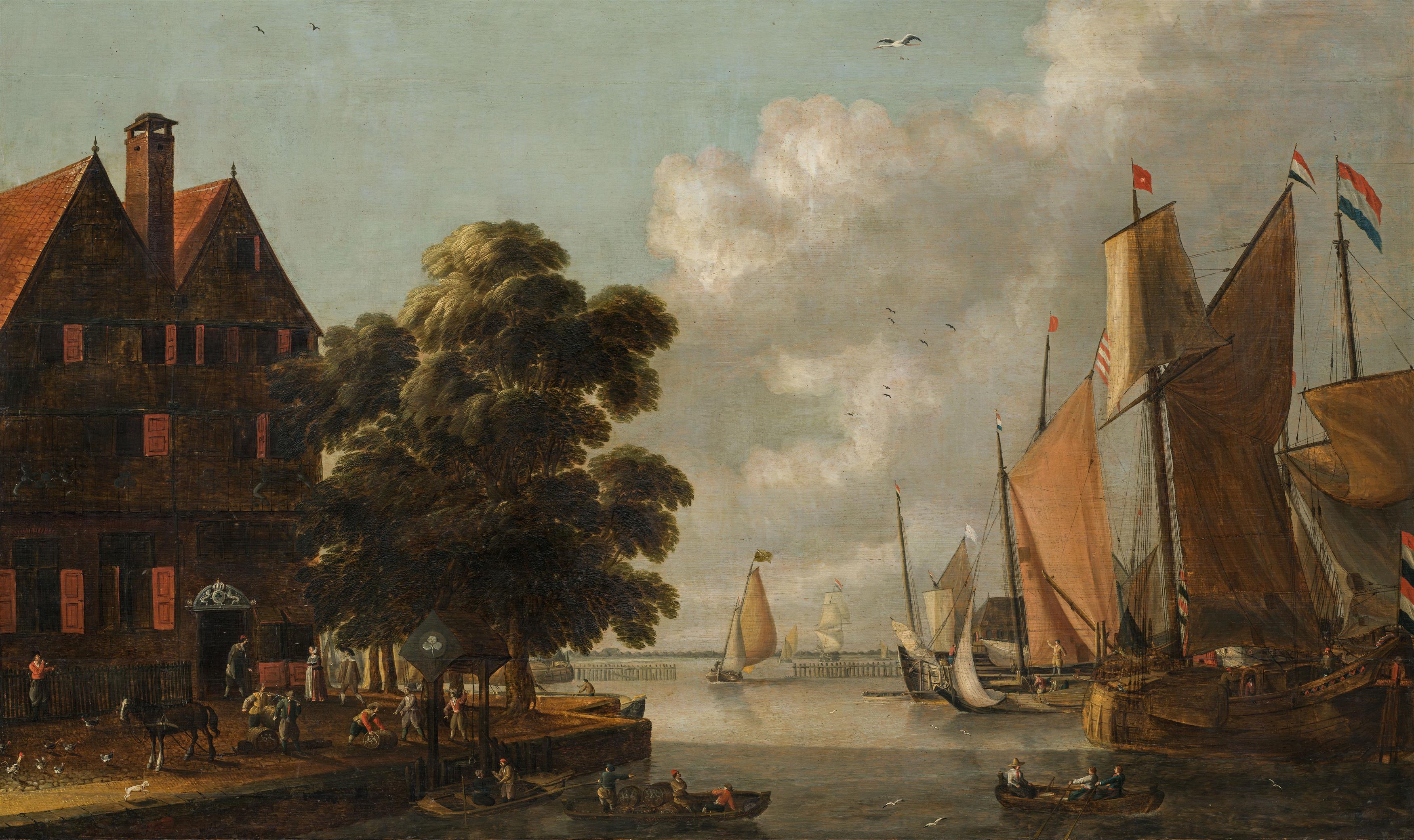Gillis Peeters der Ältere: Harbour scene with brewery and sailing boats