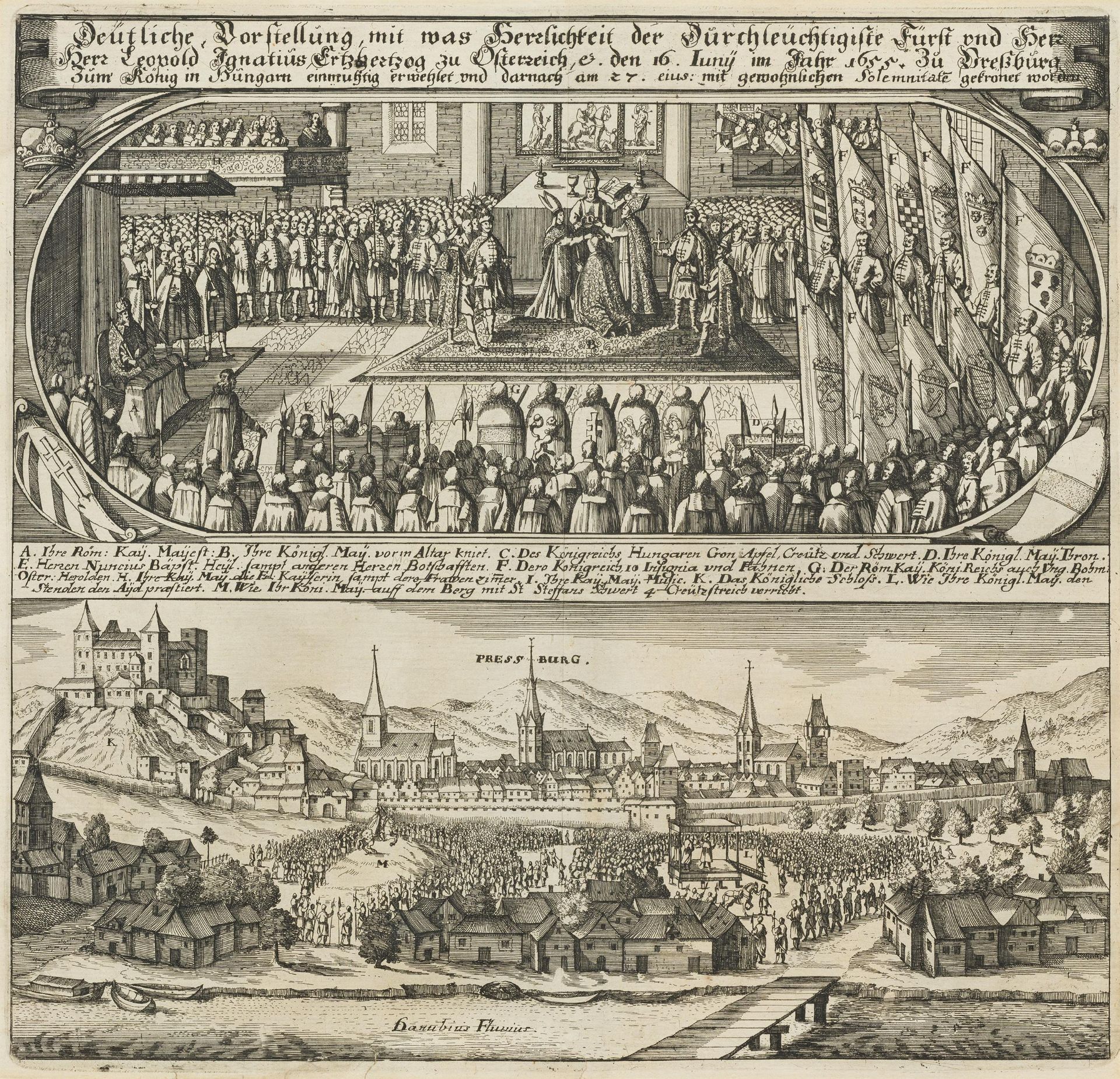 Matthäus D. J. Merian: Mixed lot of 2 copper engravings: View of Pressburg/Coronation of Archduke Le - Image 2 of 4