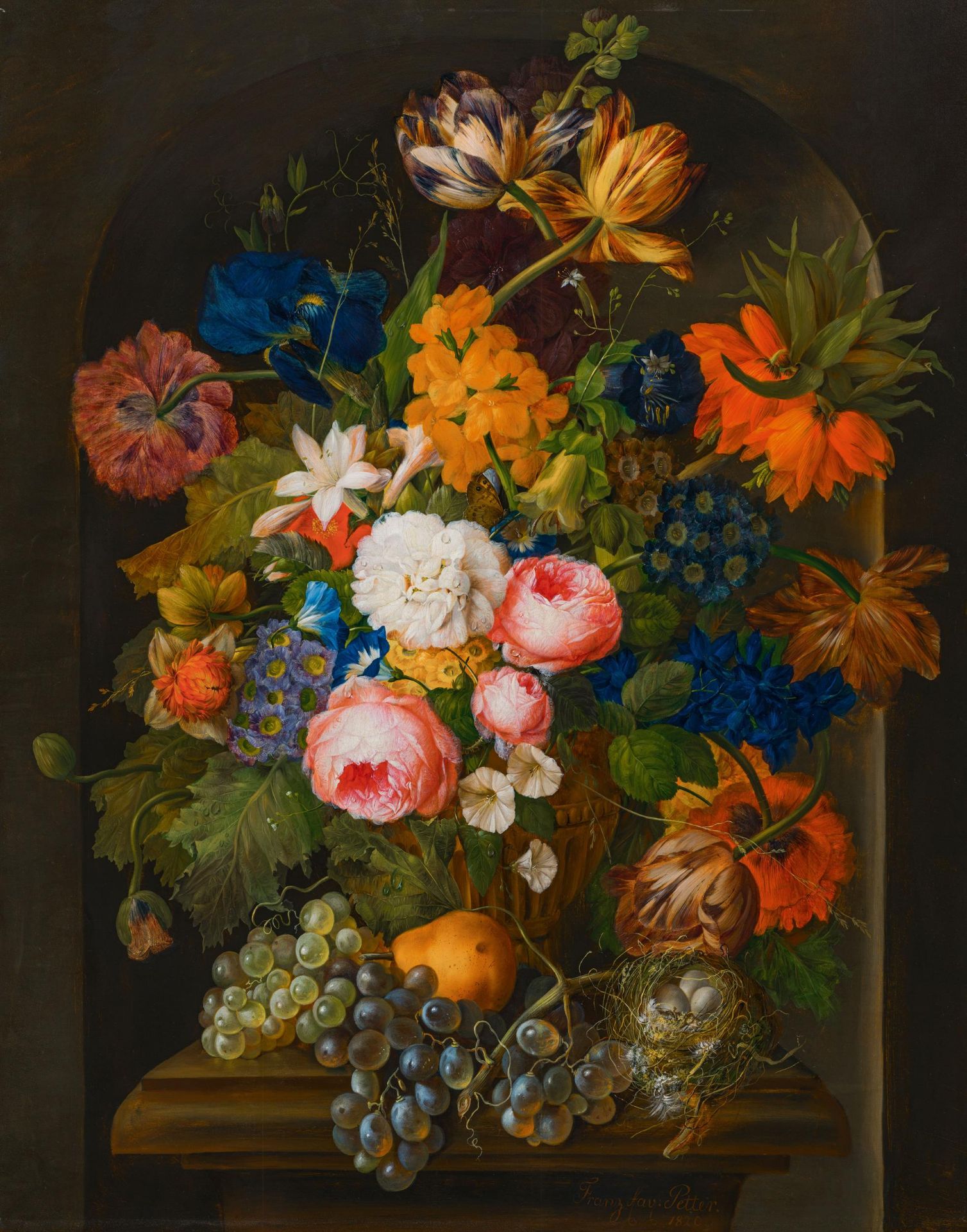 Franz Xaver Petter: Floral still life with fruits and bird's nest