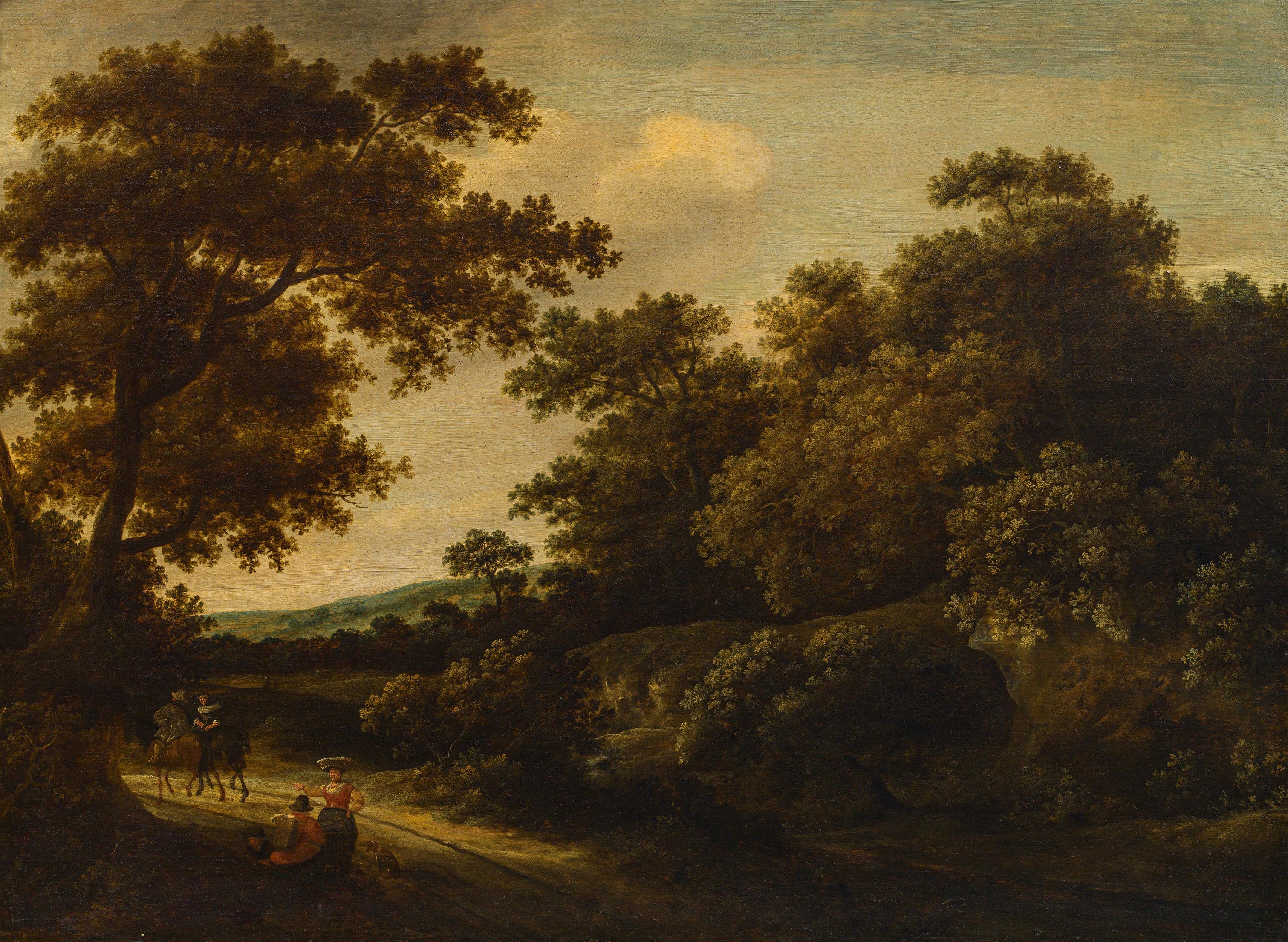 Dutch School: Forest landscape with peasant family and a horseman