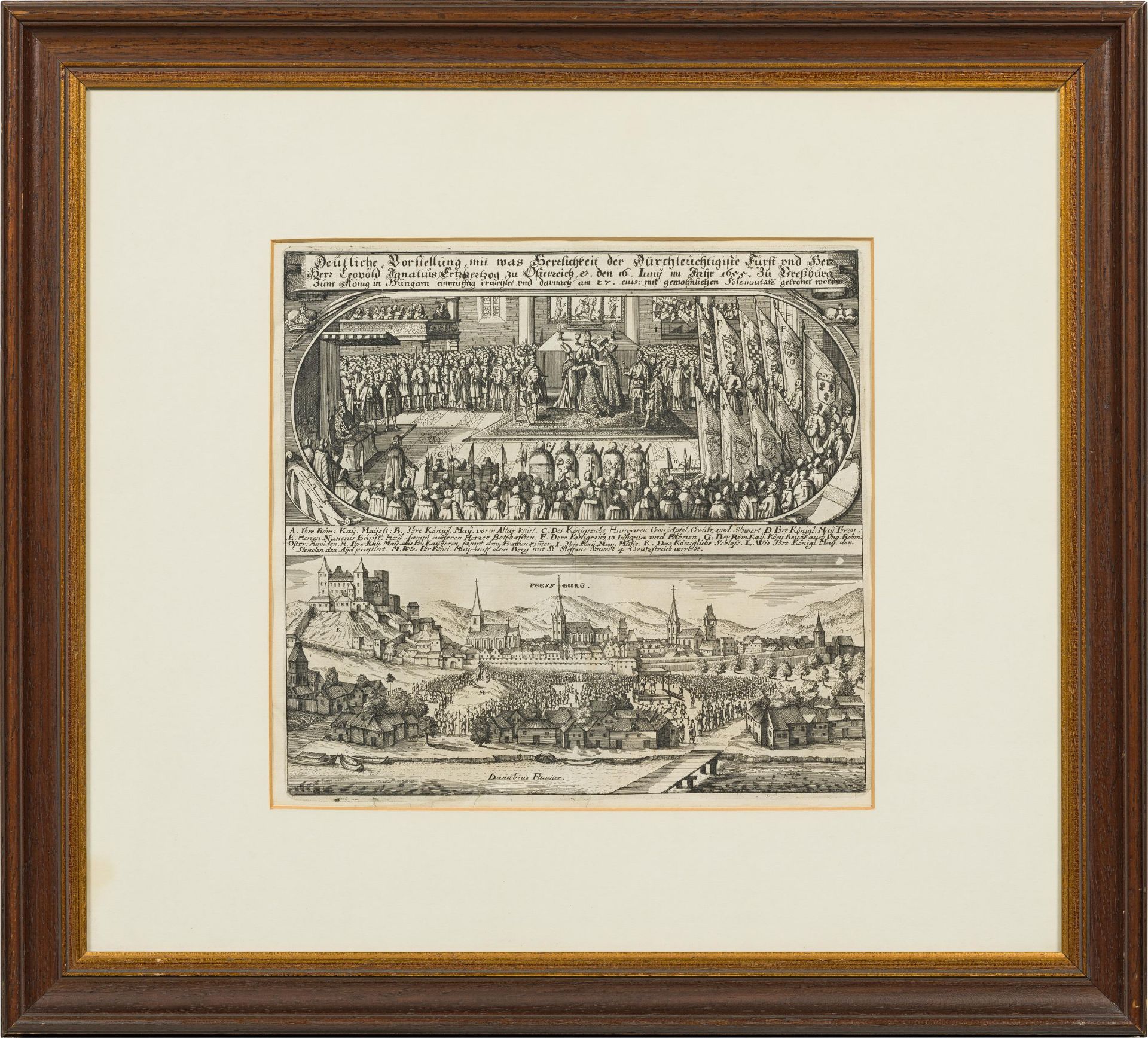 Matthäus D. J. Merian: Mixed lot of 2 copper engravings: View of Pressburg/Coronation of Archduke Le - Image 3 of 4