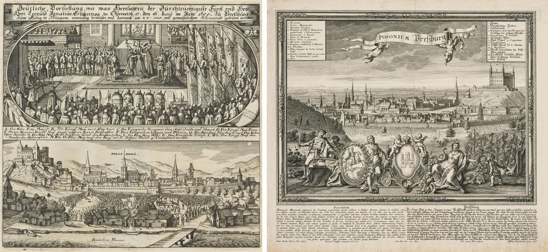 Matthäus D. J. Merian: Mixed lot of 2 copper engravings: View of Pressburg/Coronation of Archduke Le