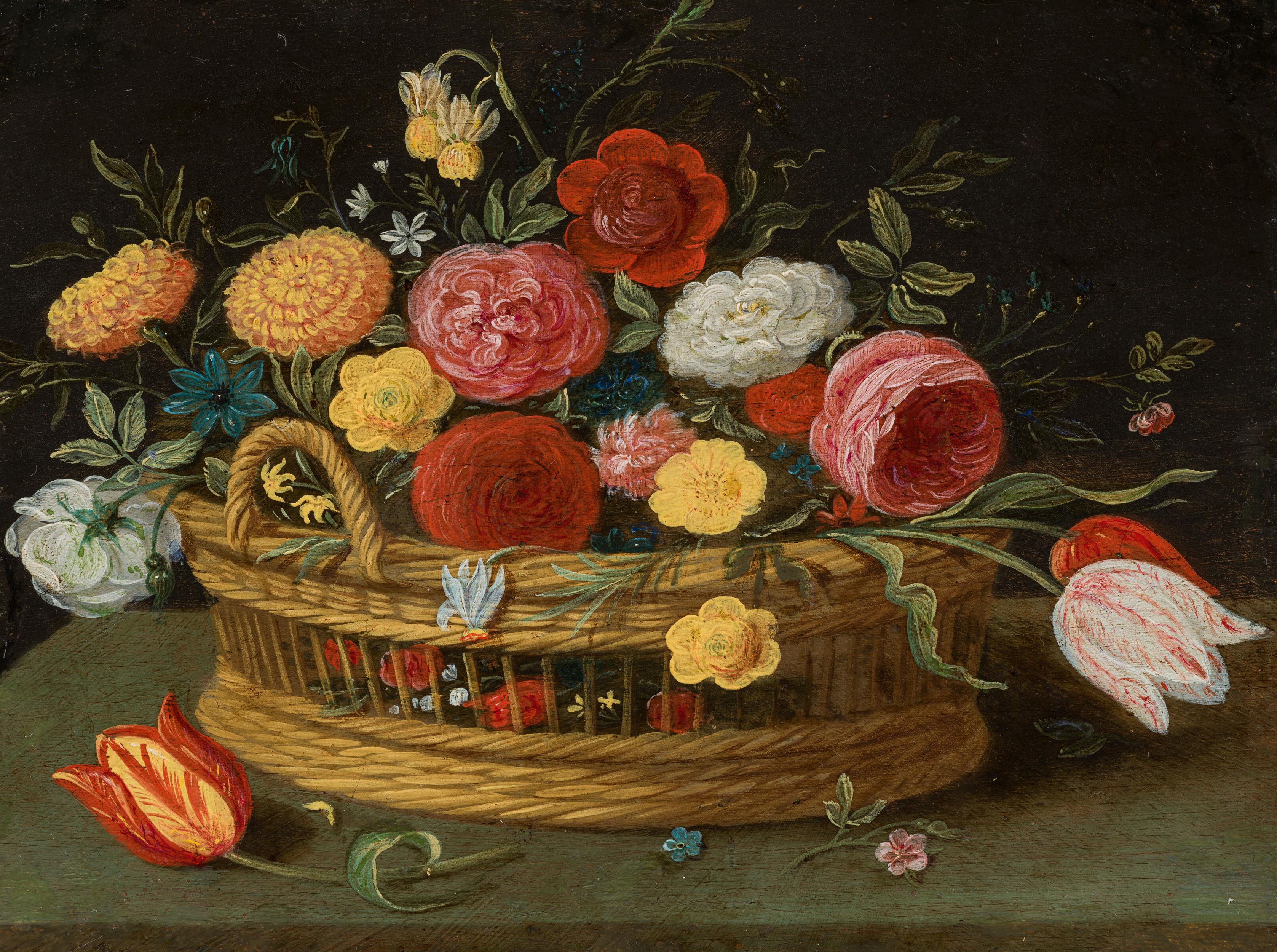 Jan Brueghel the Younger: Roses and tulips in a basket with handles