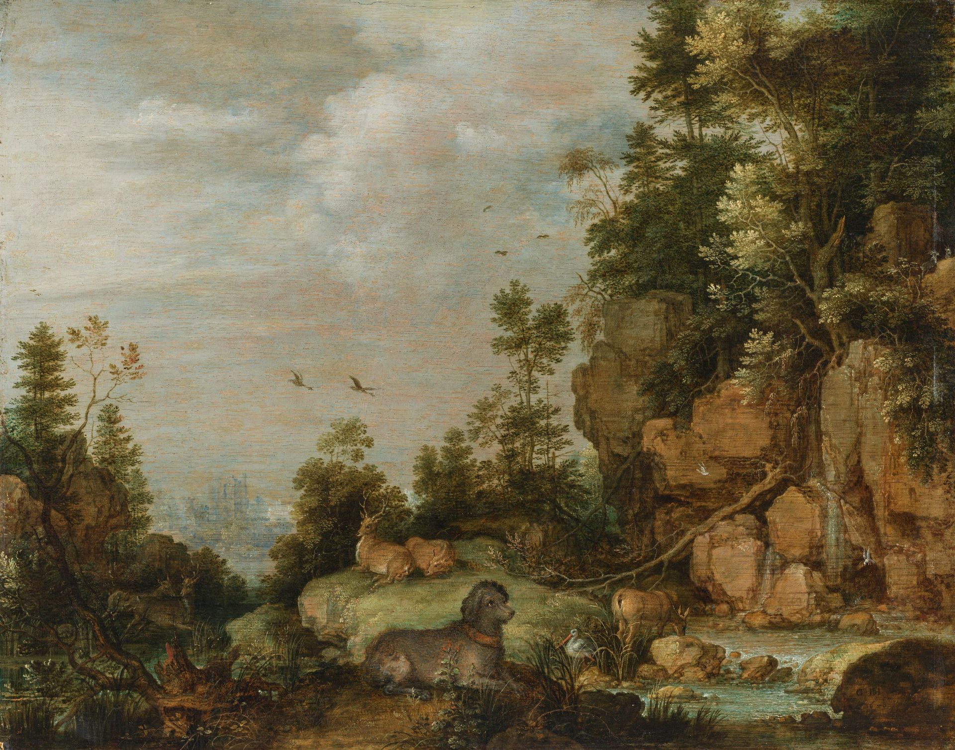 Gillis Claesz. de Hondecoeter: Landschaft mit Hund und Wildtieren