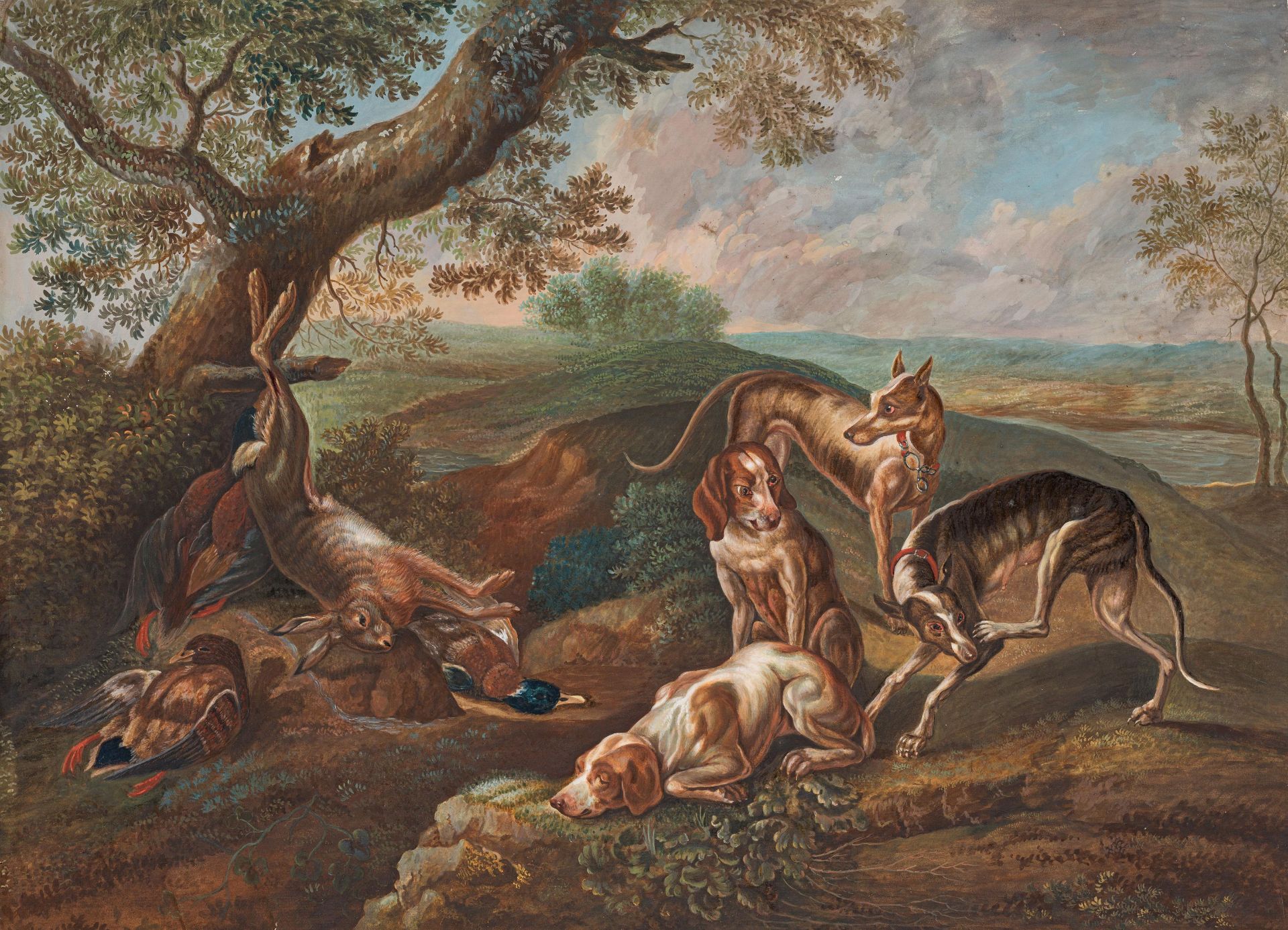 Artist of the 18th century: Hunting dogs with their prey