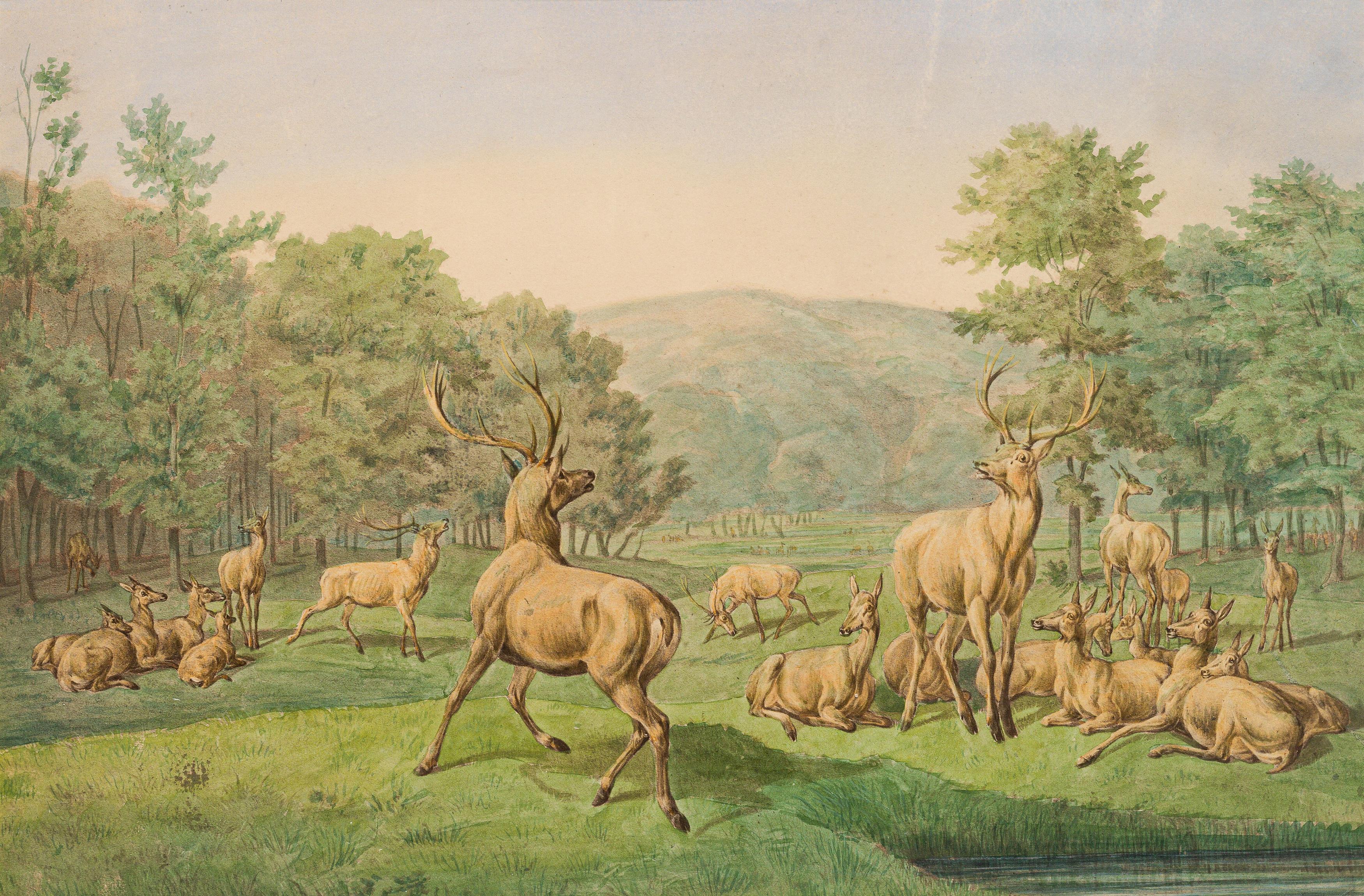 J. E. Gottlieb Prestel: counterparts: A battue, a pack of deer in a clearing - Image 3 of 3