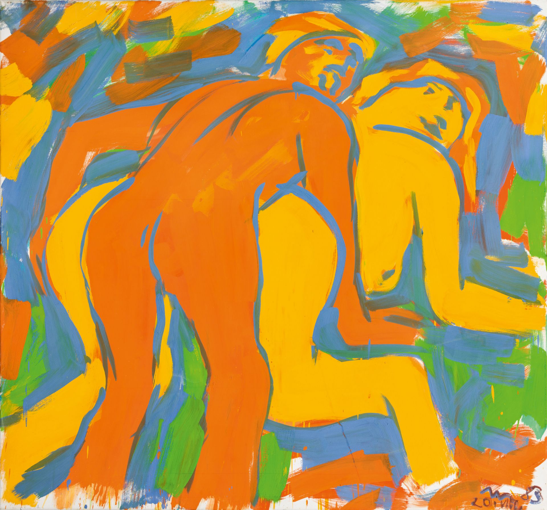 Otto MuehlCopulating couple in red-yellow1983oil on canvas; unframed129.5 × 139 cmsigned and dated