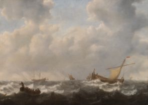 Jeronimus van Diest II.: Ruderboot, Smalschip und weitere Schiffe auf bewegter See