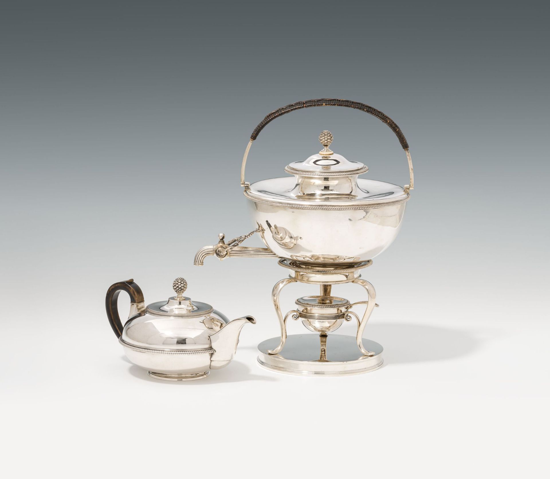 Teapot with warmer and canVienna, 1829silver, partially gilded inside; ebonized wood; straw;