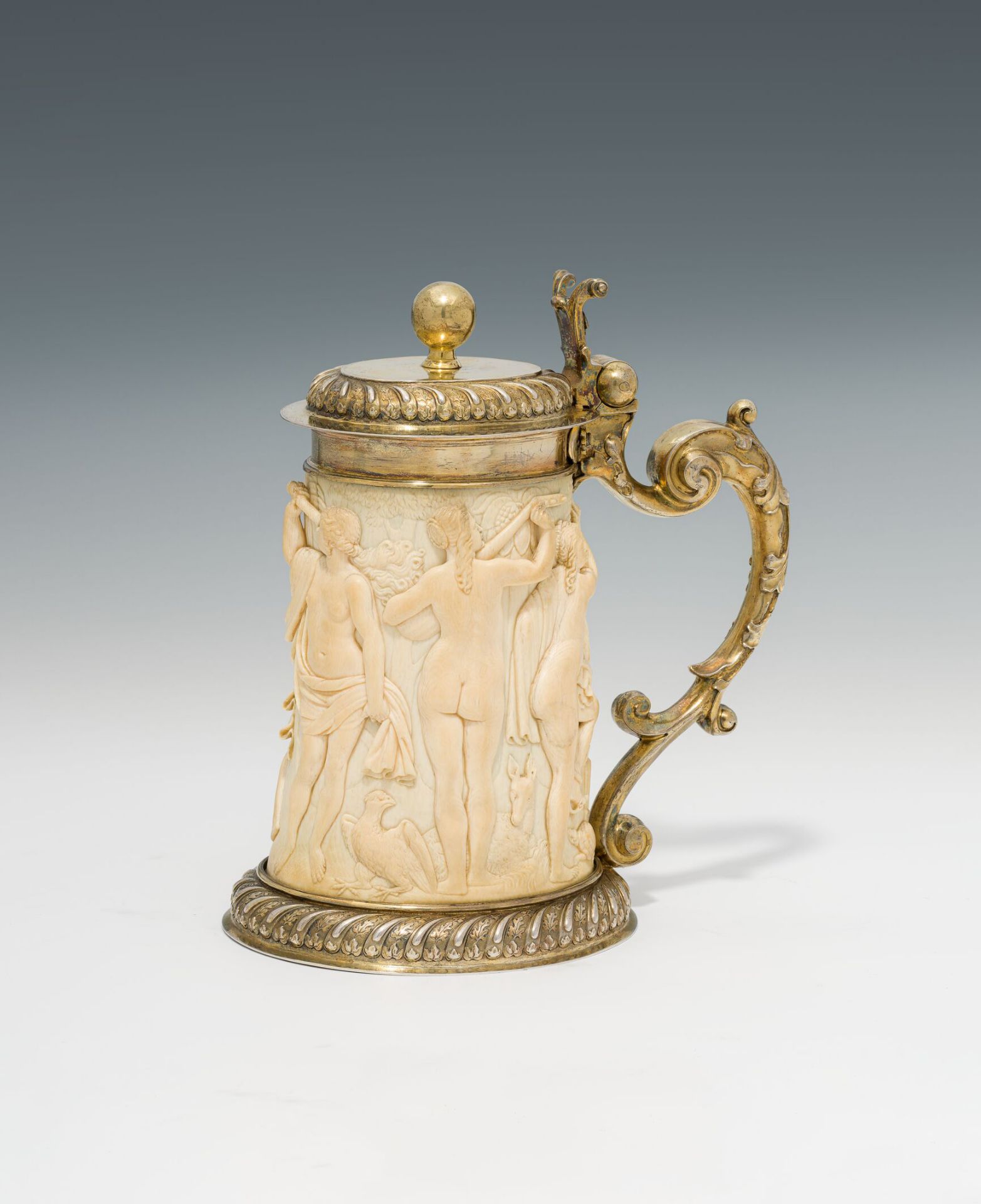 Vermeil-ivory-tankardAugsburg, 17th centurysilver, gilded; ivory; marked on the mounting with