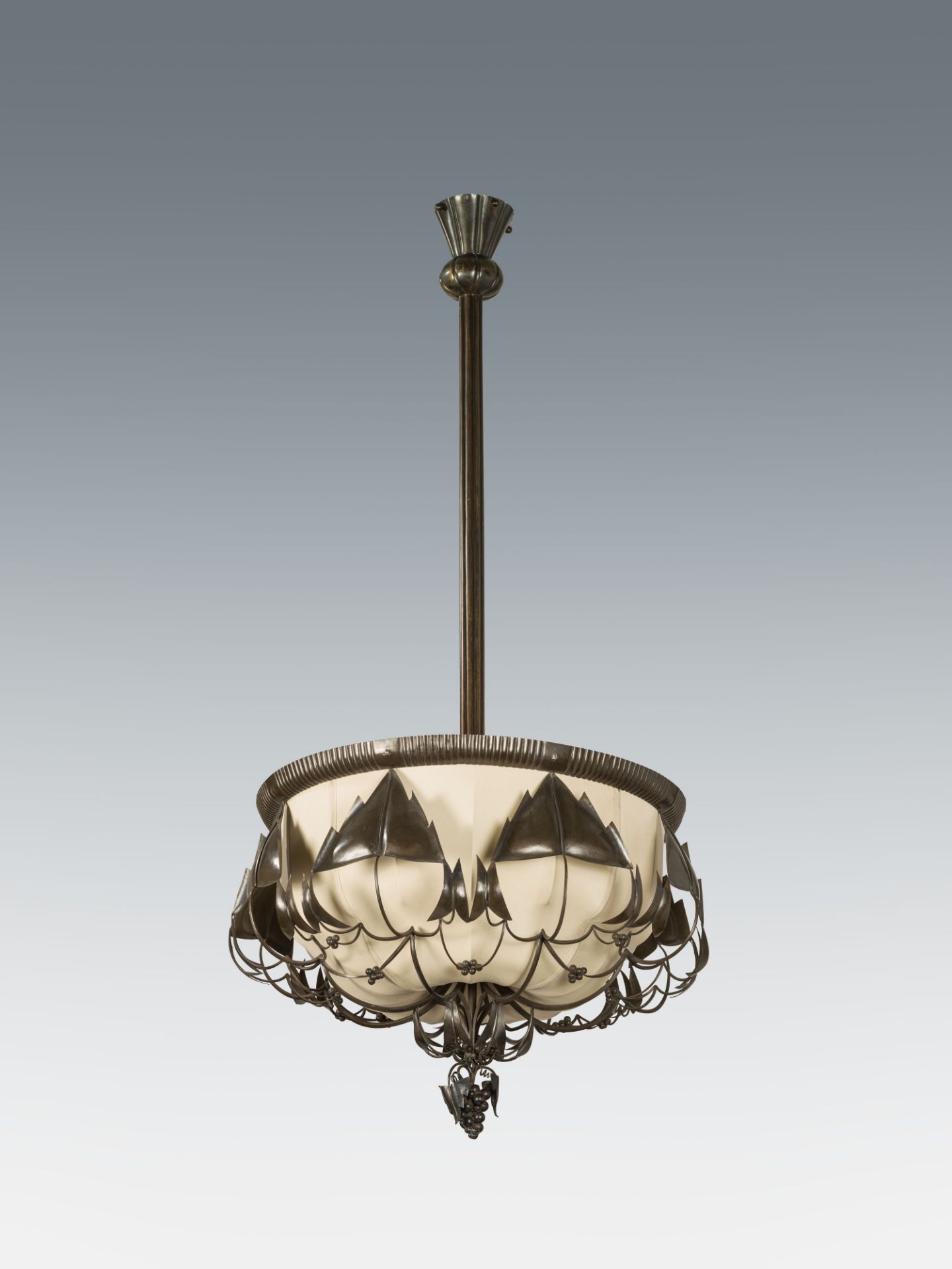 Dagobert PecheChandelierWiener Werkstätte, 1921brass, patinated dark; renewed silk lampshade; marked