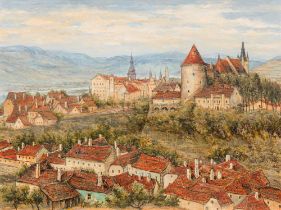 Siegfried Stoitzner: Blick auf den Pulverturm und die Piaristenkirche in Krems