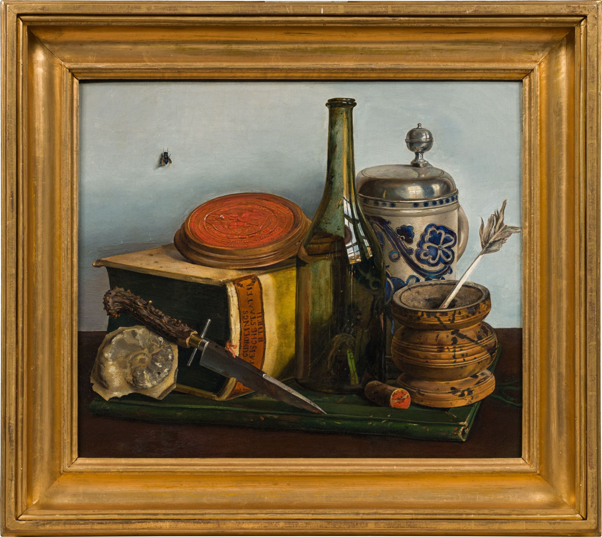 Leopold Zinnögger Still life with fly, dagger, tankard and bookoil on canvas; framed38 x 45 cmart - Image 2 of 2