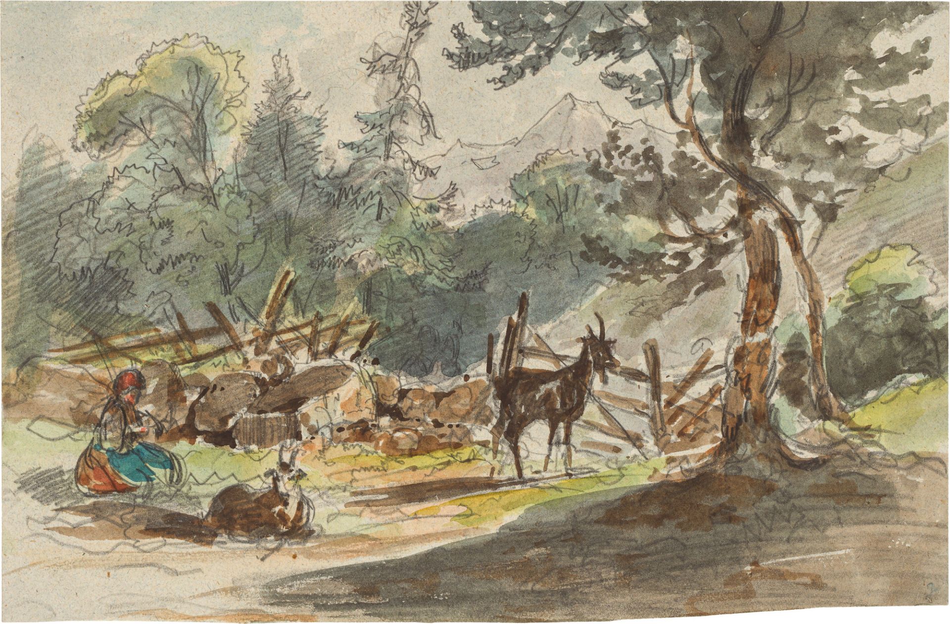 Friedrich GauermannShepherdess with two goatspencil, watercolour on paper; framed13 x 20.5 cmsince - Image 2 of 2