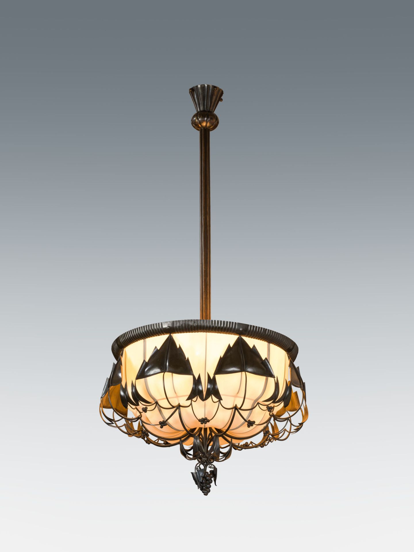 Dagobert PecheChandelierWiener Werkstätte, 1921brass, patinated dark; renewed silk lampshade; marked - Image 4 of 4