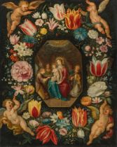 Frans Francken III.: Blumenkranz mit Madonna, Kind und Engeln, umrahmt von vier Putten