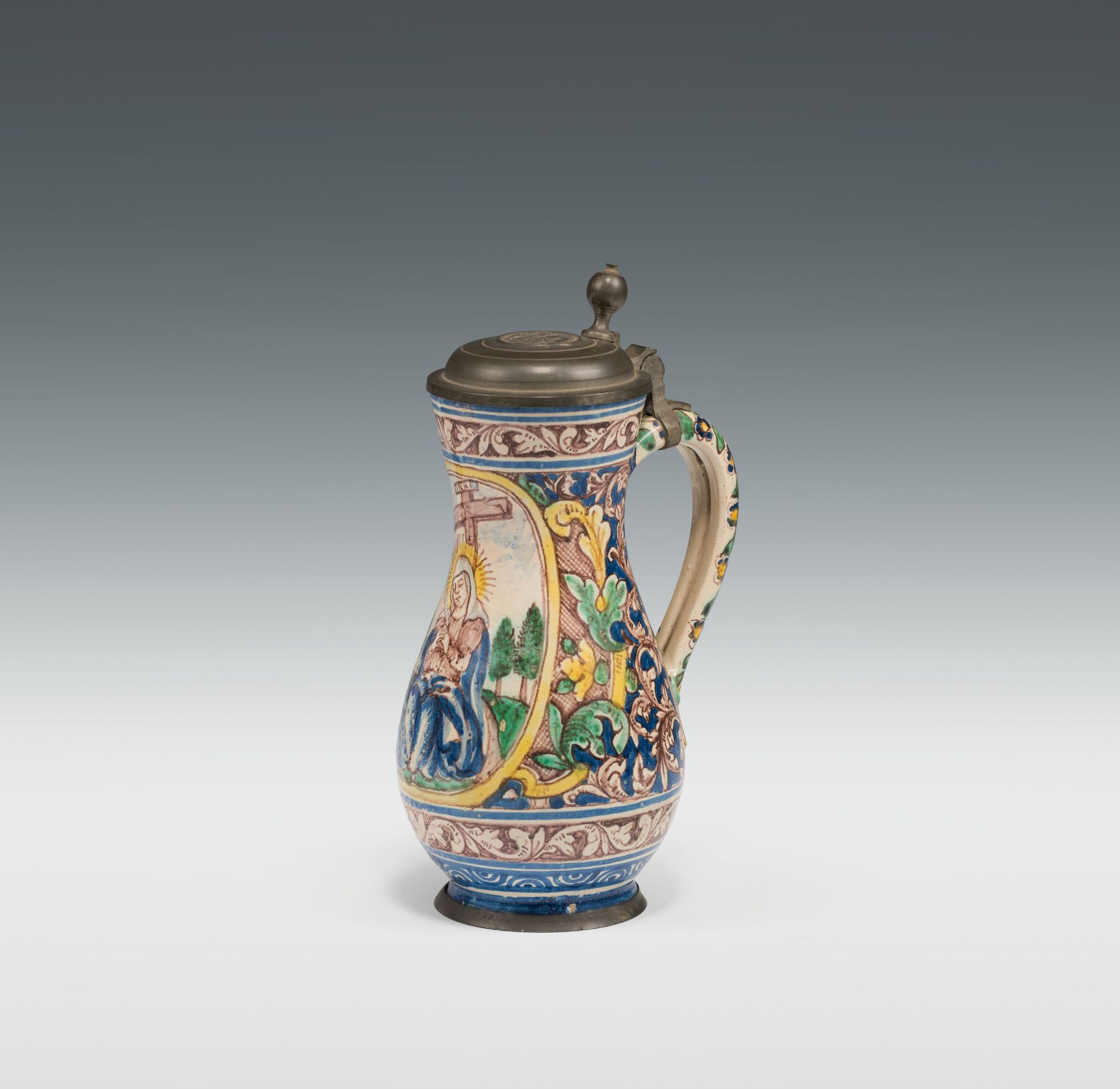 JugGmunden, dated 1754ceramics, light shard, colourfully painted and glazed; pewter base and lid; - Image 3 of 3