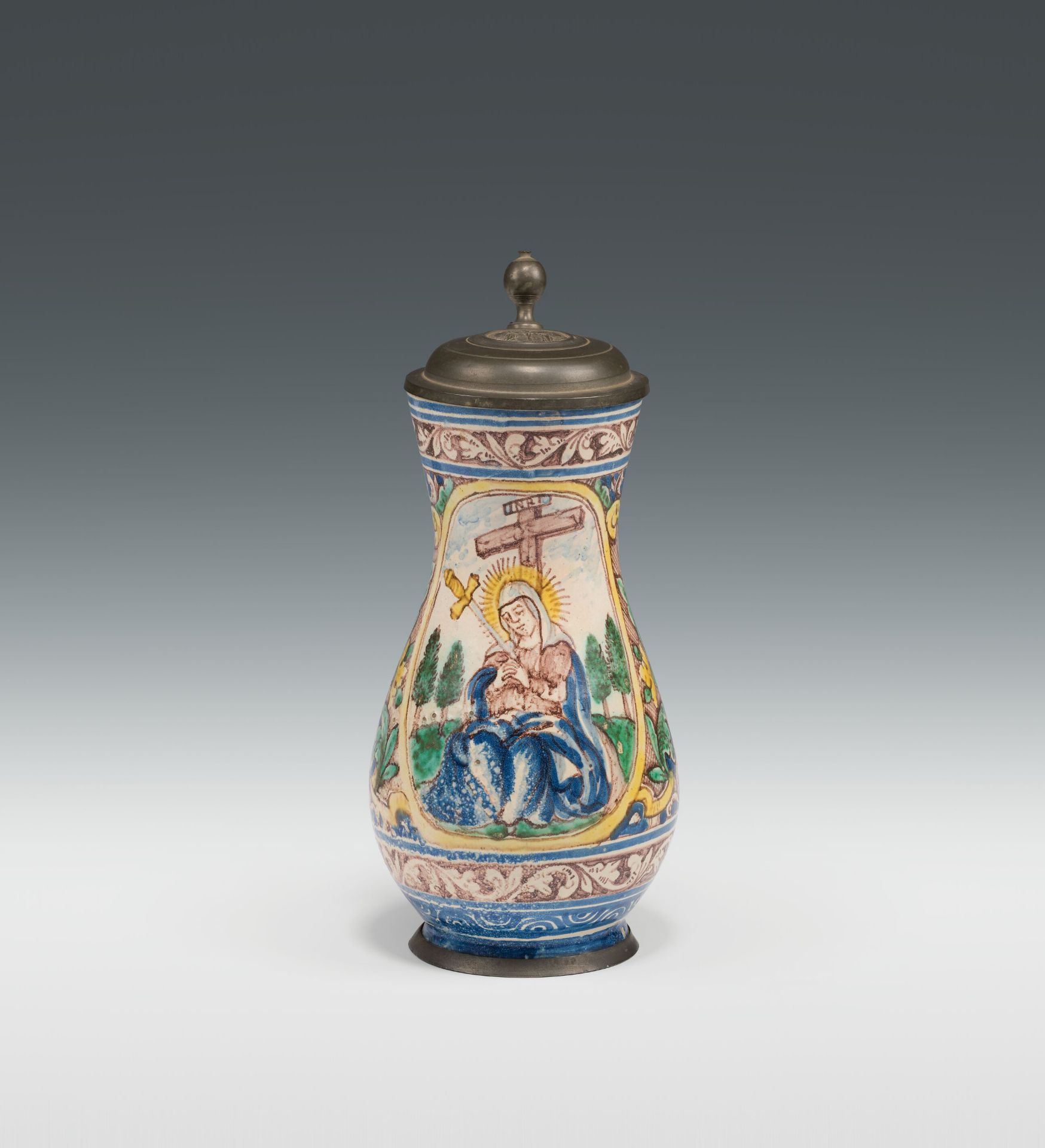JugGmunden, dated 1754ceramics, light shard, colourfully painted and glazed; pewter base and lid;