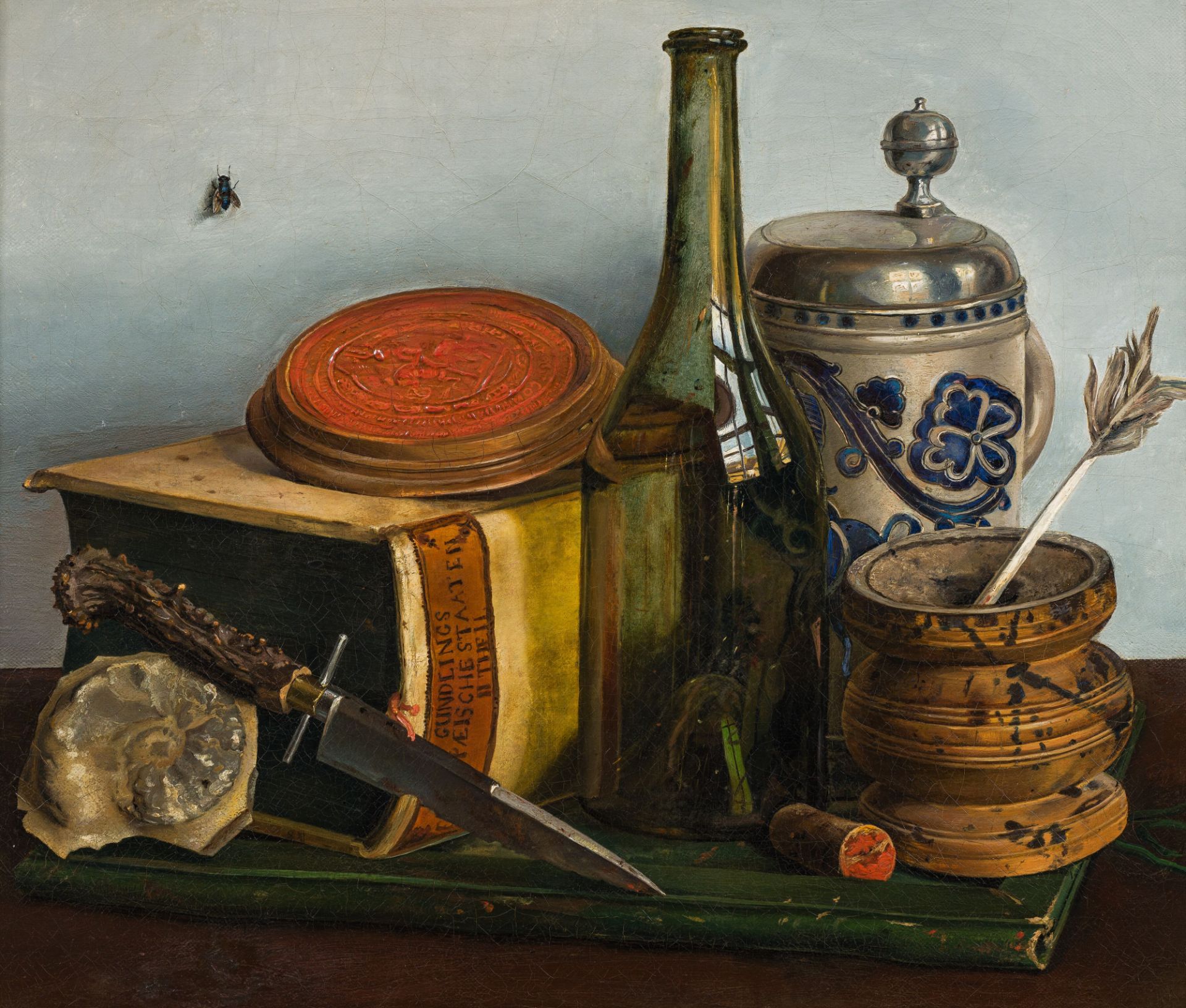 Leopold Zinnögger Still life with fly, dagger, tankard and bookoil on canvas; framed38 x 45 cmart