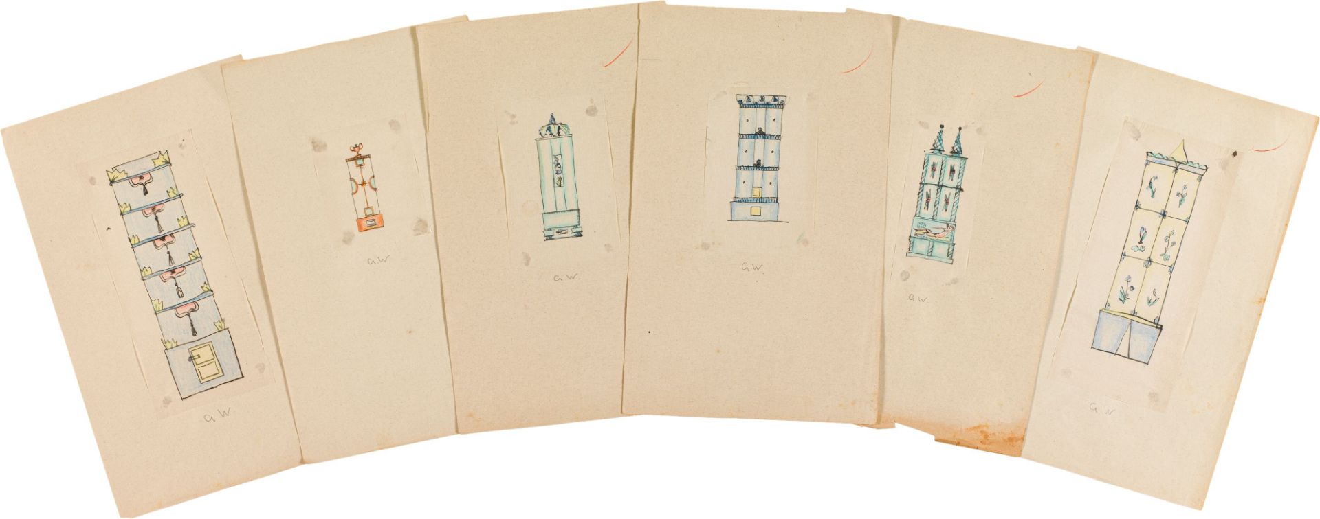 Dagobert PecheSix draft drawings for tiled stovesGmunden, c. 1919coloured pencil and India ink on