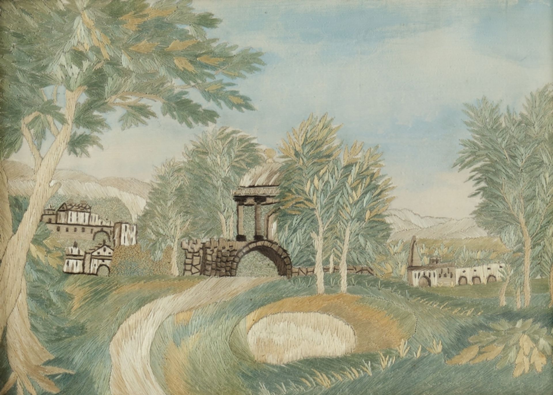 Stickbild, "Landschaft mit Pavillon", Stickerei auf Seide, 17 x 23.4 cm, unter Glas gerahmt