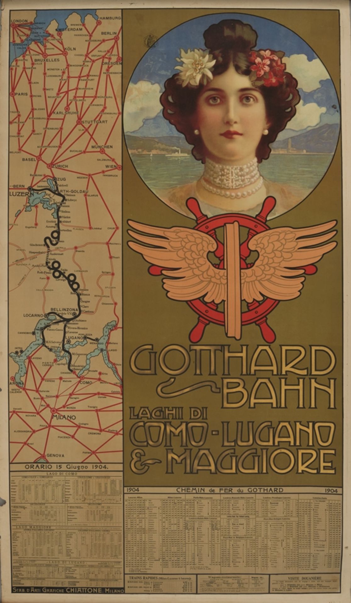 Plakat / Lithographie, "Gotthard Bahn", Jugendstil, Schweiz, 1903, Druck Gabriele Chiattone (1853 - - Image 2 of 3