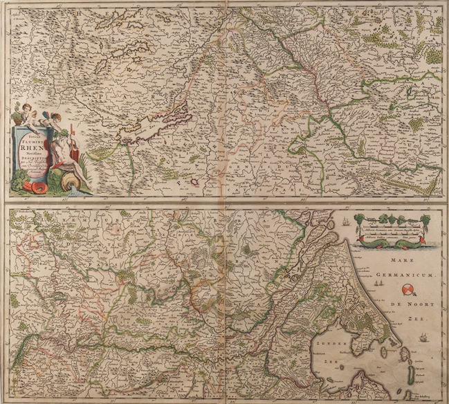 Karte, "Totius Flumini Rheni novissima descriptio", kolorierter Kupferstich, b. Nicolaes Visscher,