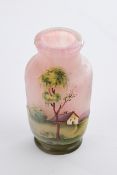 Miniaturvase, "Landschaft mit Haus", Lamartine, Algier, um 1920, überfangenes Glas, farbiger Dekor 