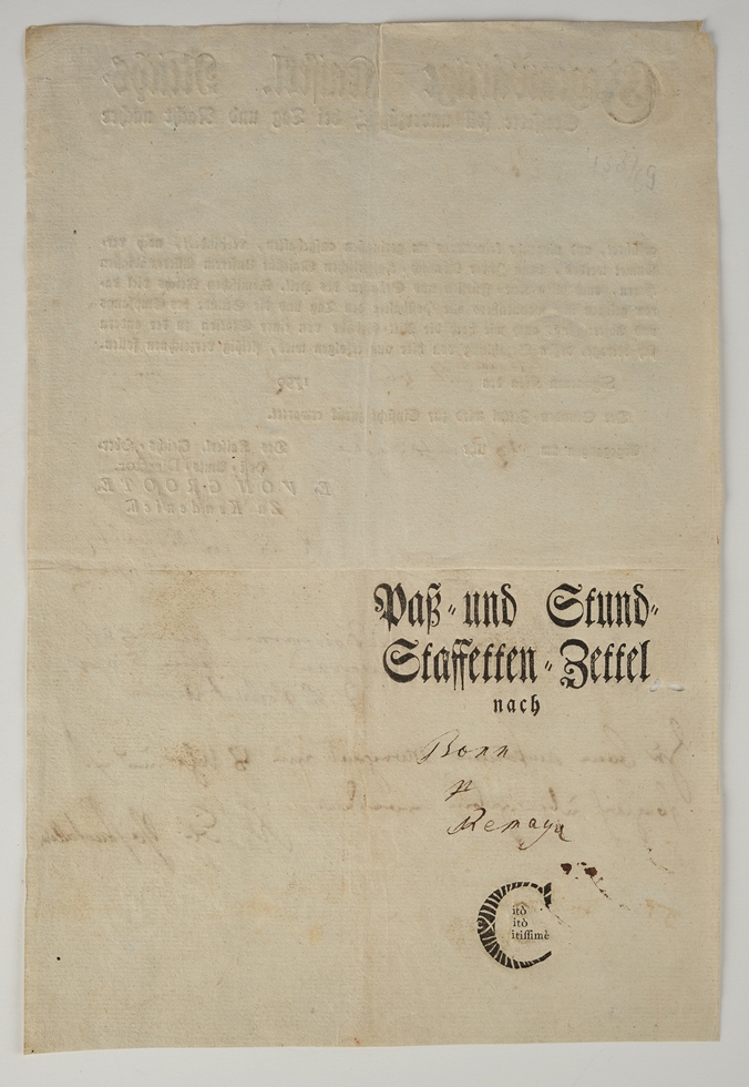 Urkunde, "Paß- und Stund-Staffetten-Zettel - Bonn / Remagen", 1792 (?), ausgestellt in Andernach vo - Image 2 of 2