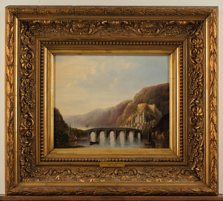 Deutscher Meister (19. Jh.), "Flusslandschaft mit Brücke", Öl auf Holz, 23.3 x 29.1 cm - Image 2 of 3