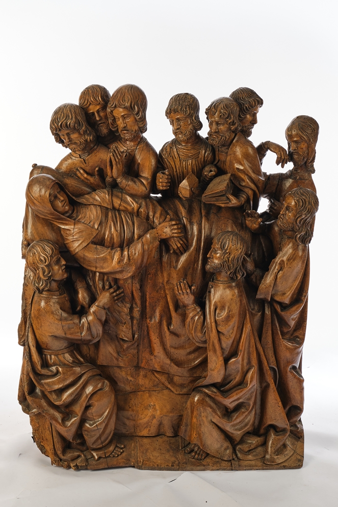 Relief, "Maria auf dem Totenbett mit Aposteln", Holz geschnitzt, wohl Frankreich, um 1500, mit sehr