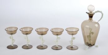 Likörset, "Art Deco Akt", 6-tlg., Glas, rauchgrau und opakweiß, Modellentwurf von Fritz Lampl (1892