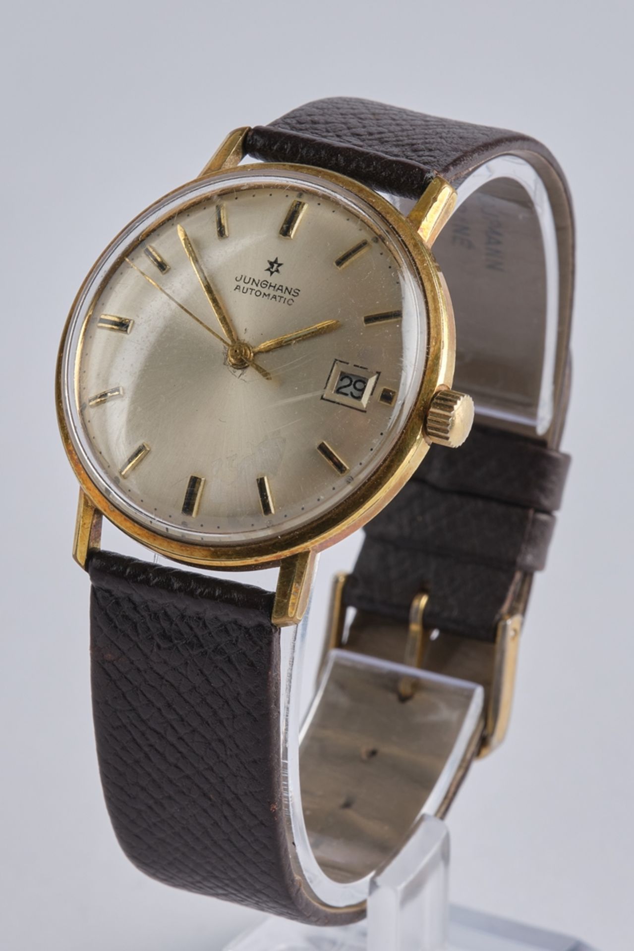 Junghans, Herren-Armbanduhr, 1960er Jahre, Gehäuse vergoldet, Zifferblatt mit Strichindizes und Dat