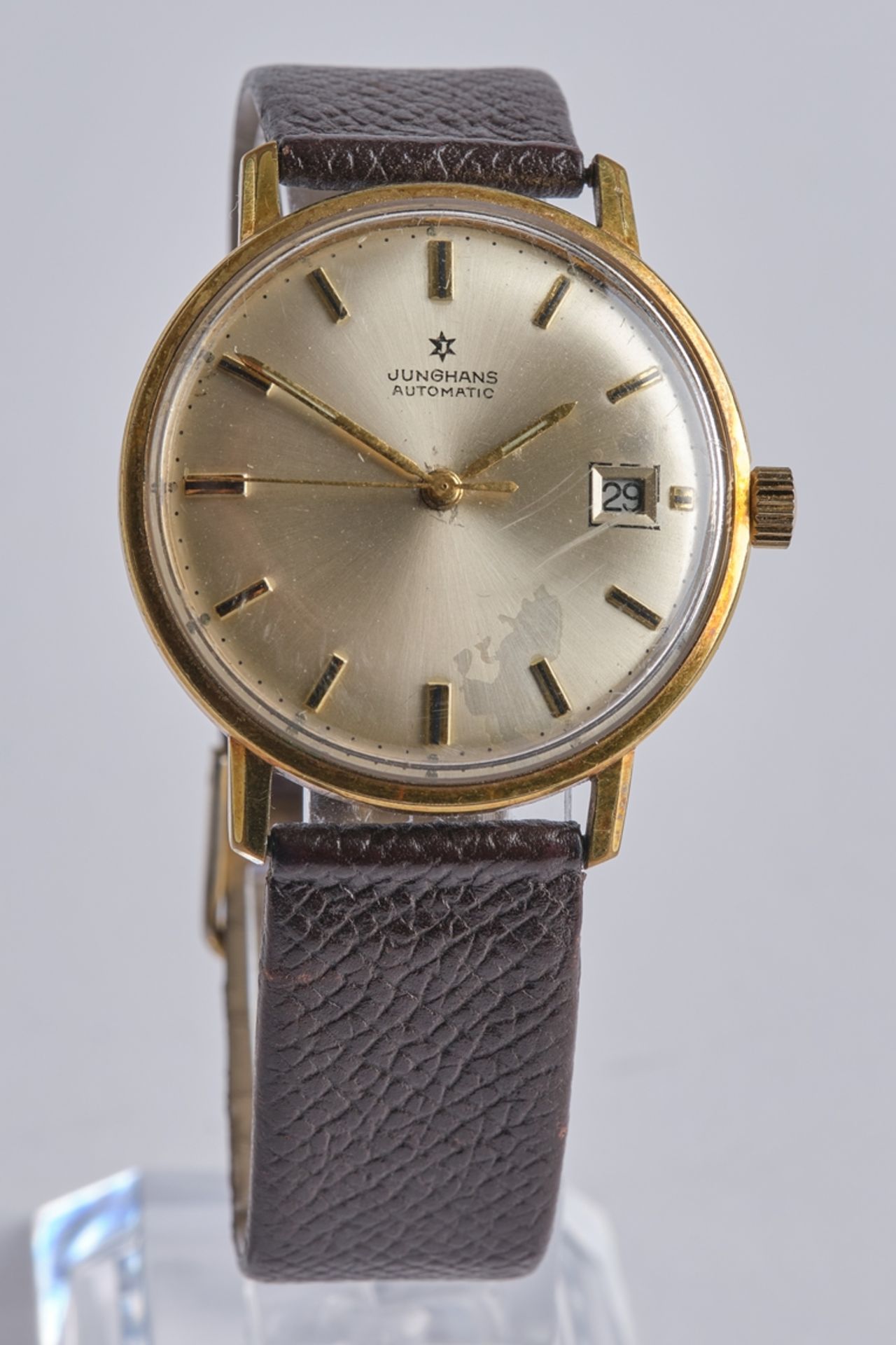 Junghans, Herren-Armbanduhr, 1960er Jahre, Gehäuse vergoldet, Zifferblatt mit Strichindizes und Dat - Bild 2 aus 4