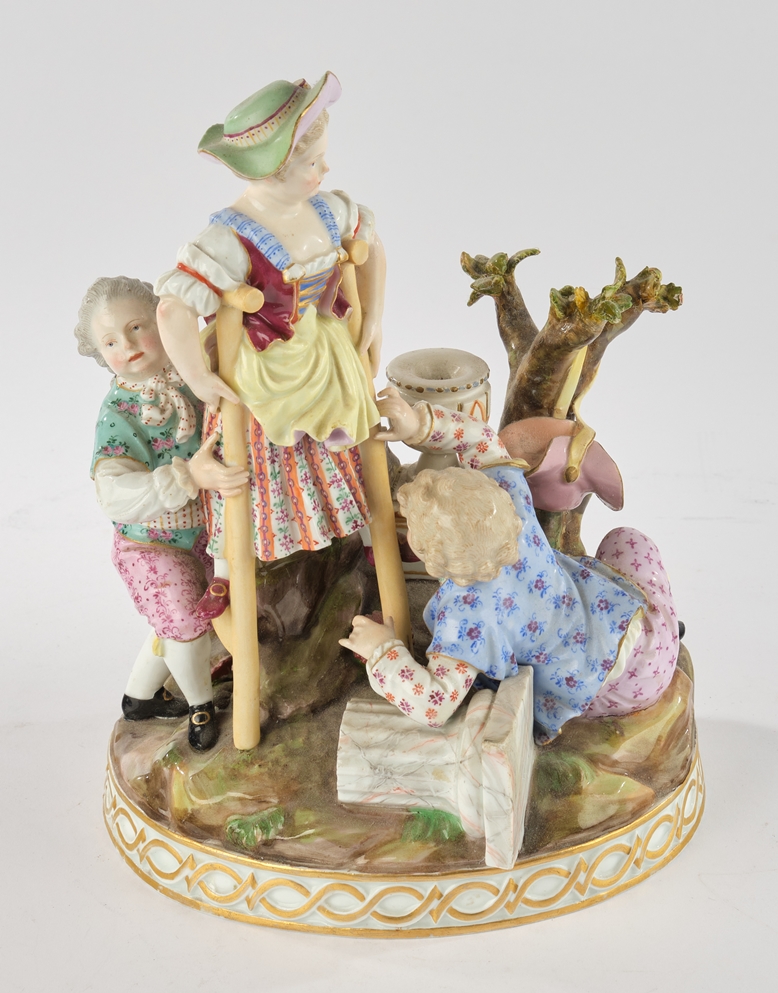 Porzellangruppe, "Das Stelzenspiel", Meissen, Schwertermarke, 19. Jh., polychrom und goldstaffiert, - Image 2 of 7