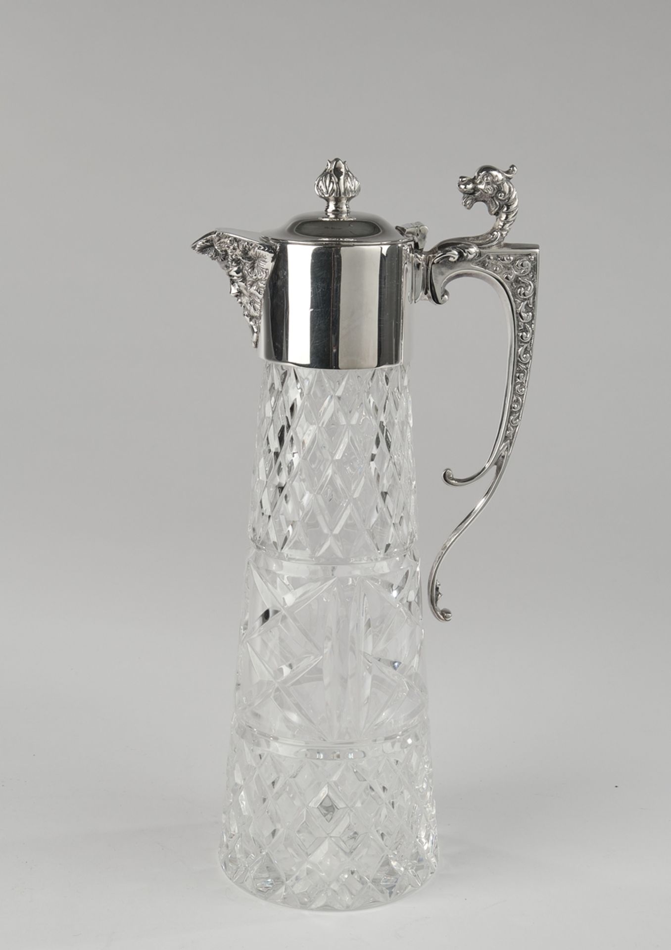 Karaffe, Silber 925, Sheffield, 1984, Asprey & Co., konischer Korpus aus farblosem Kristallglas im