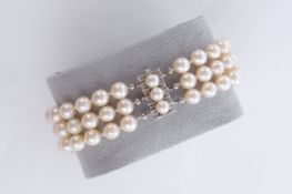 Perlarmband, dreireihig, Perlen 6.5 mm, Schließe WG 585, mit drei Perlen, zwei WG-Stege, 20 cm lang
