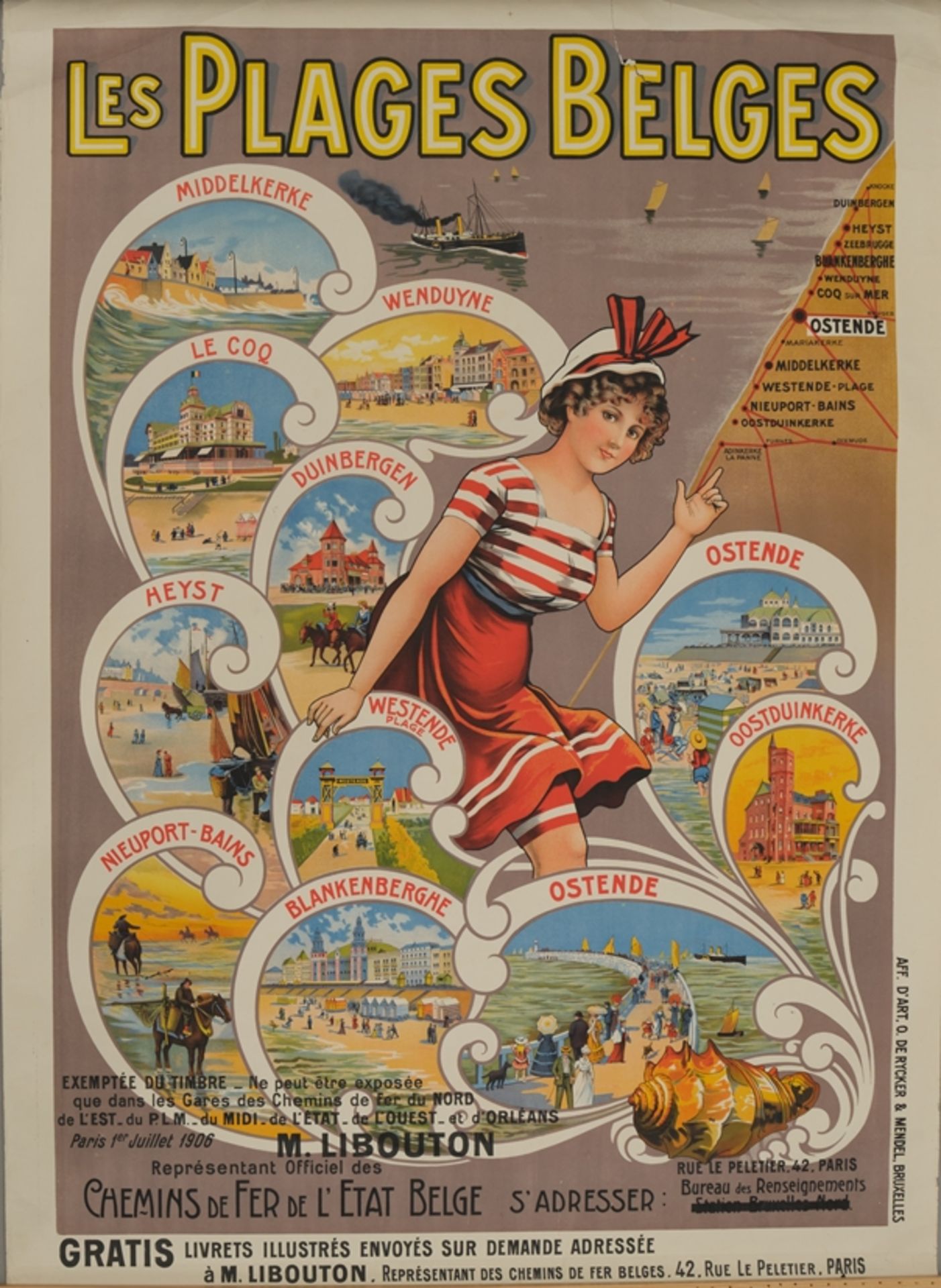 Plakat, 1. H. 20. Jh., "Les Plages Belges", 105 x 107 cm (Blattmaß), o.R., Gebrauchsspuren - Bild 2 aus 4