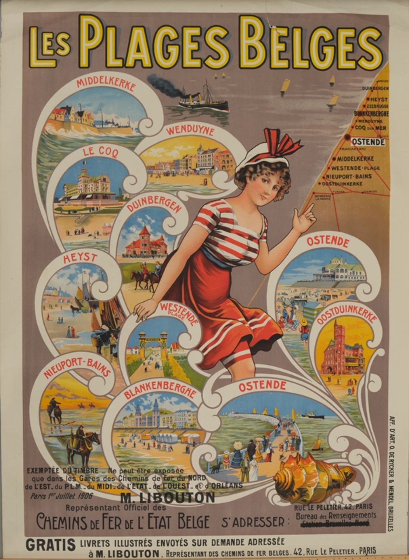 Plakat, 1. H. 20. Jh., "Les Plages Belges", 105 x 107 cm (Blattmaß), o.R., Gebrauchsspuren - Image 2 of 4