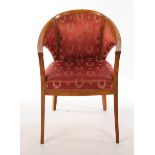 Fauteuil, Biedermeier, 1. Drittel 19. Jh., Obstbaum, konische Beine, roter Polsterbezug, H. 79 cm