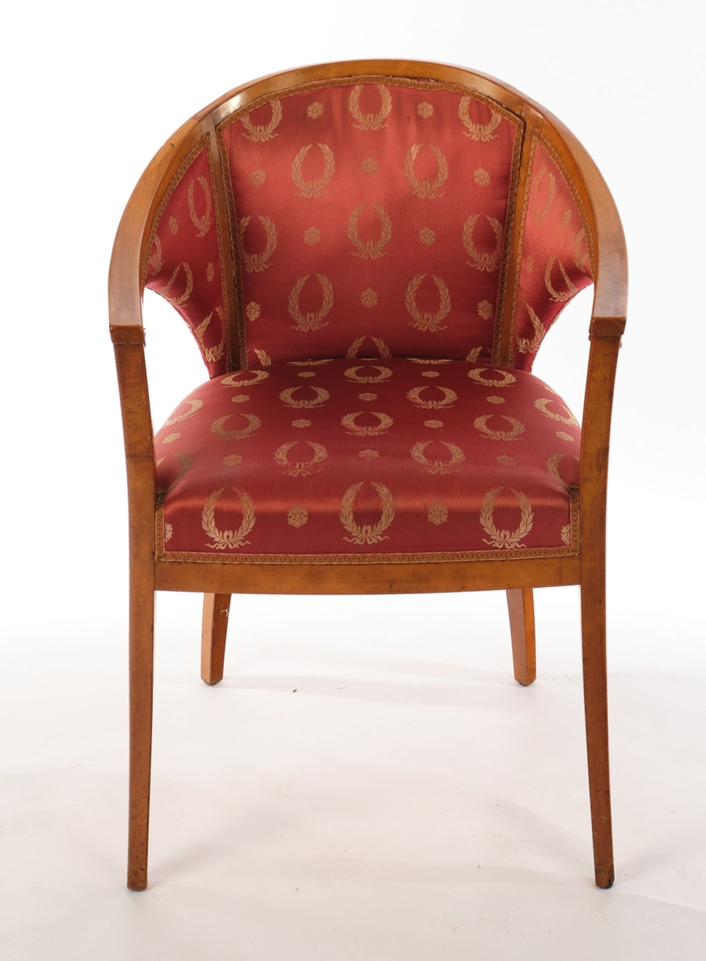 Fauteuil, Biedermeier, 1. Drittel 19. Jh., Obstbaum, konische Beine, roter Polsterbezug, H. 79 cm