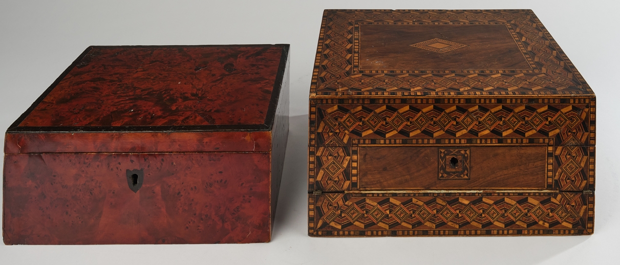 2 Schreibschatullen, deutsch, 19. Jh., 1x Nussbaum u.a., 15 x 30.5 x 22.5 cm, 1x Maserholz, 12 x 28