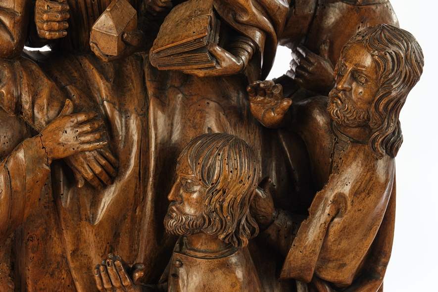 Relief, "Maria auf dem Totenbett mit Aposteln", Holz geschnitzt, wohl Frankreich, um 1500, mit sehr - Image 3 of 7