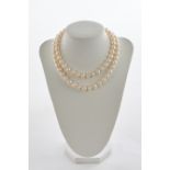 Perlenkette, Zuchtperlen ca. 8.2 - 8.4 mm, 74 cm lang, runde Schließe WG 750, mit 9 kleinen Rubinen