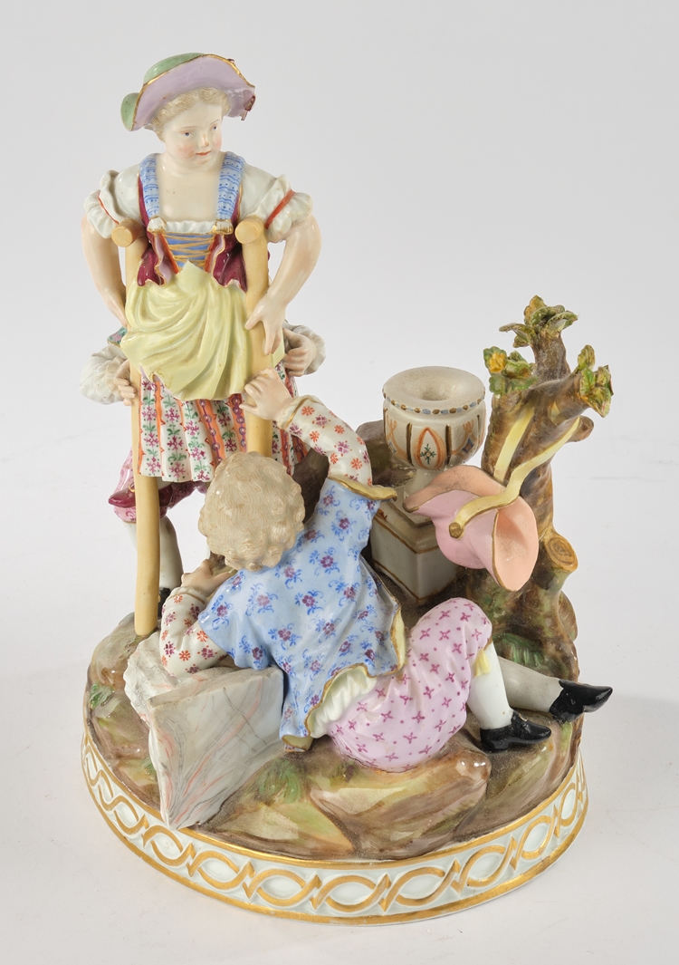 Porzellangruppe, "Das Stelzenspiel", Meissen, Schwertermarke, 19. Jh., polychrom und goldstaffiert,