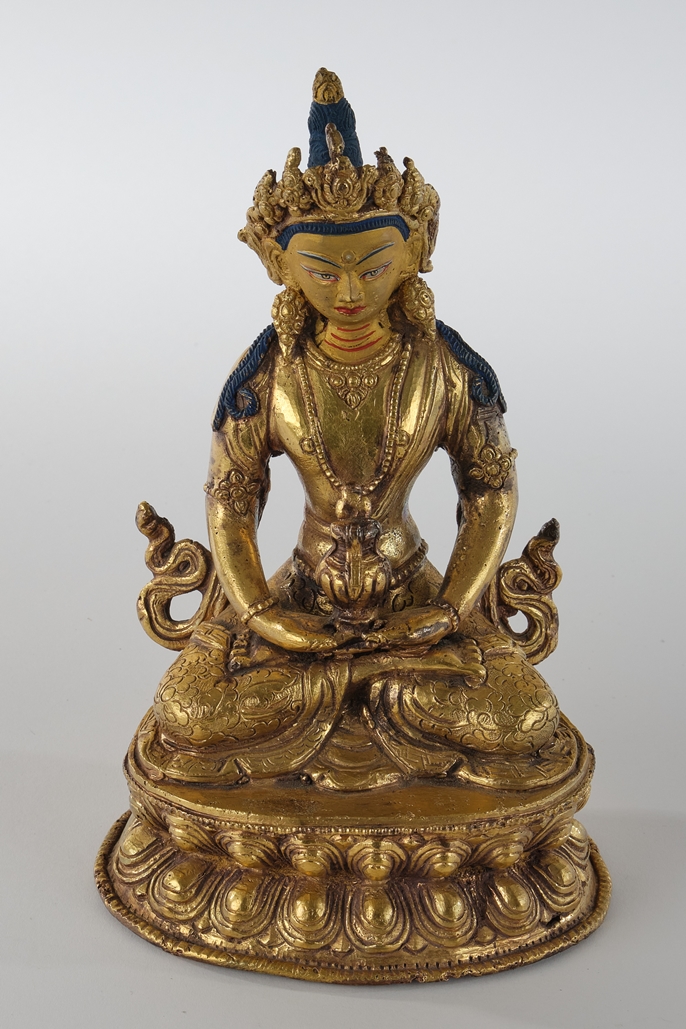 Buddha Amitayus, Tibet/Nepal, 2. Hälfte 20. Jh., Messingbronze, Gesicht und Haare farbig bemalt, di